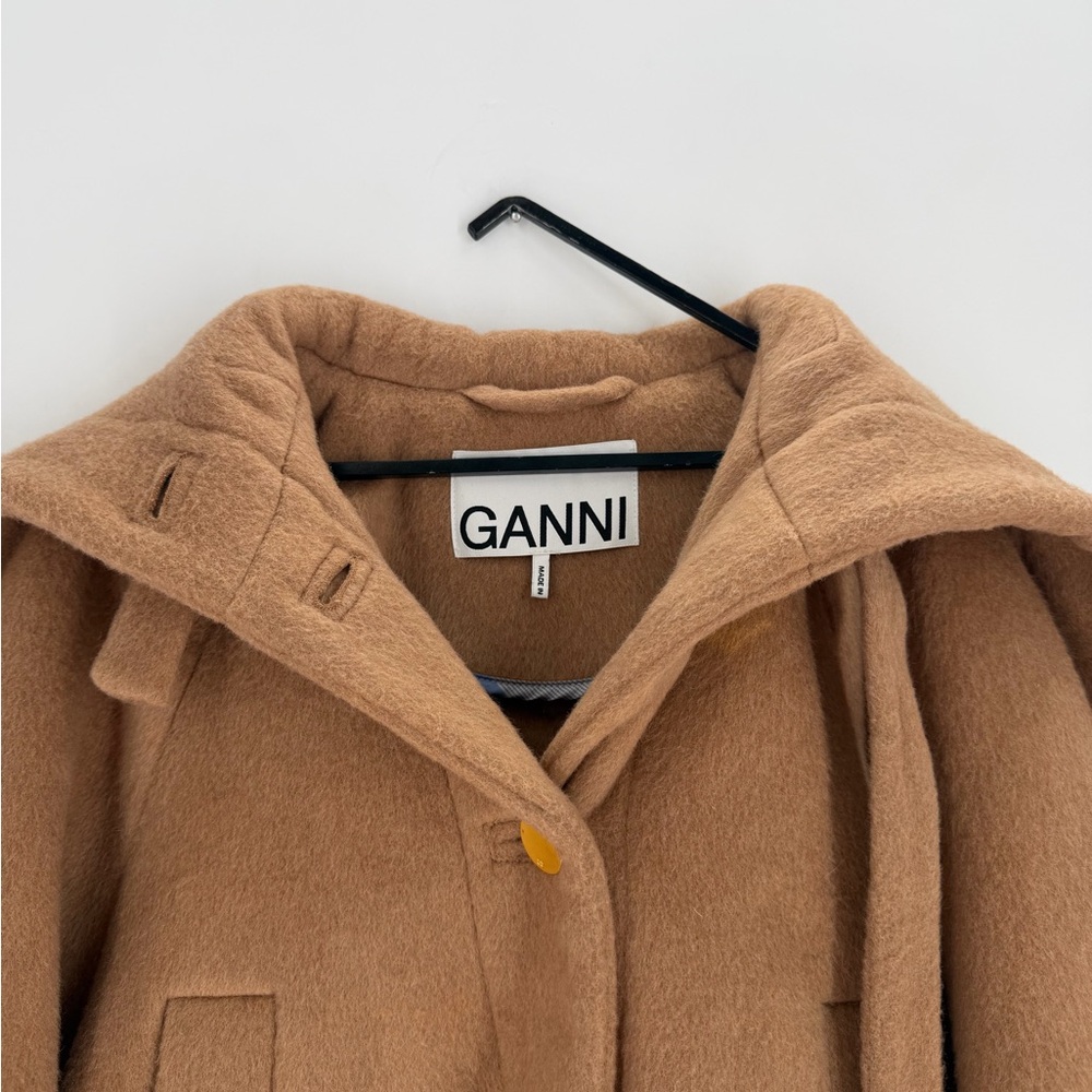 Ganni Double Face Wool Blend Short Convertible Coat With Maxi Collar In Latte